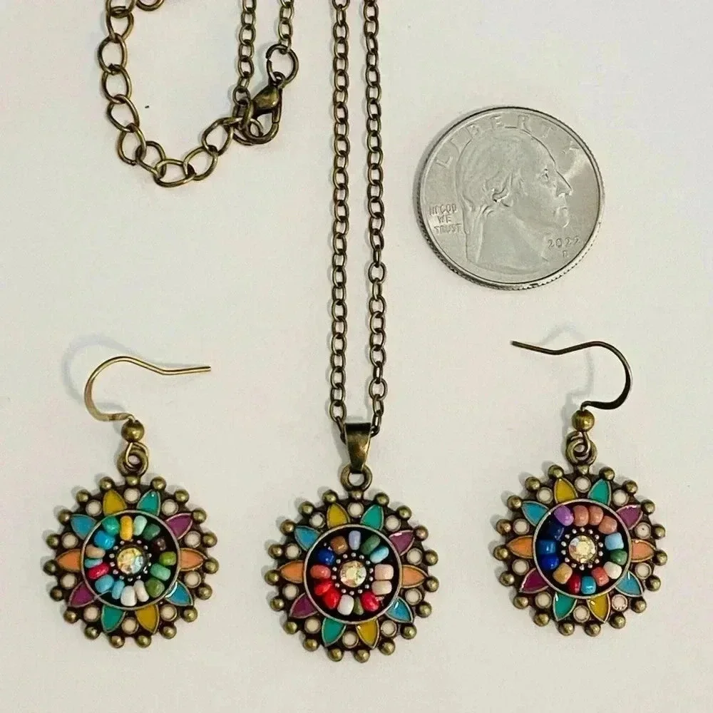 Beautiful Multicolor Mandala Bronze Tone Necklace & Earrings Set NEW